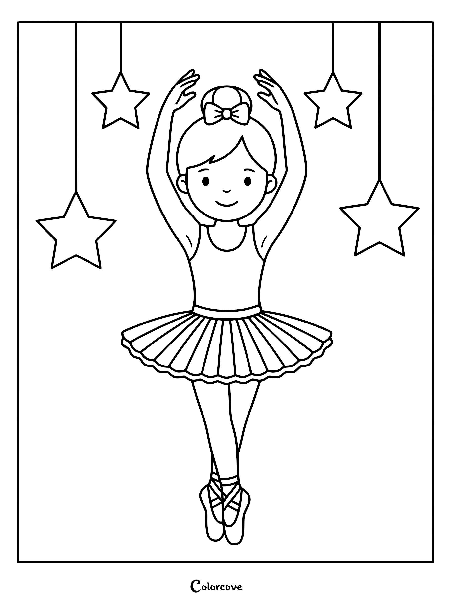 A cute ballerina with a bow in her hair performing a dance pose under hanging stars on a coloring page.