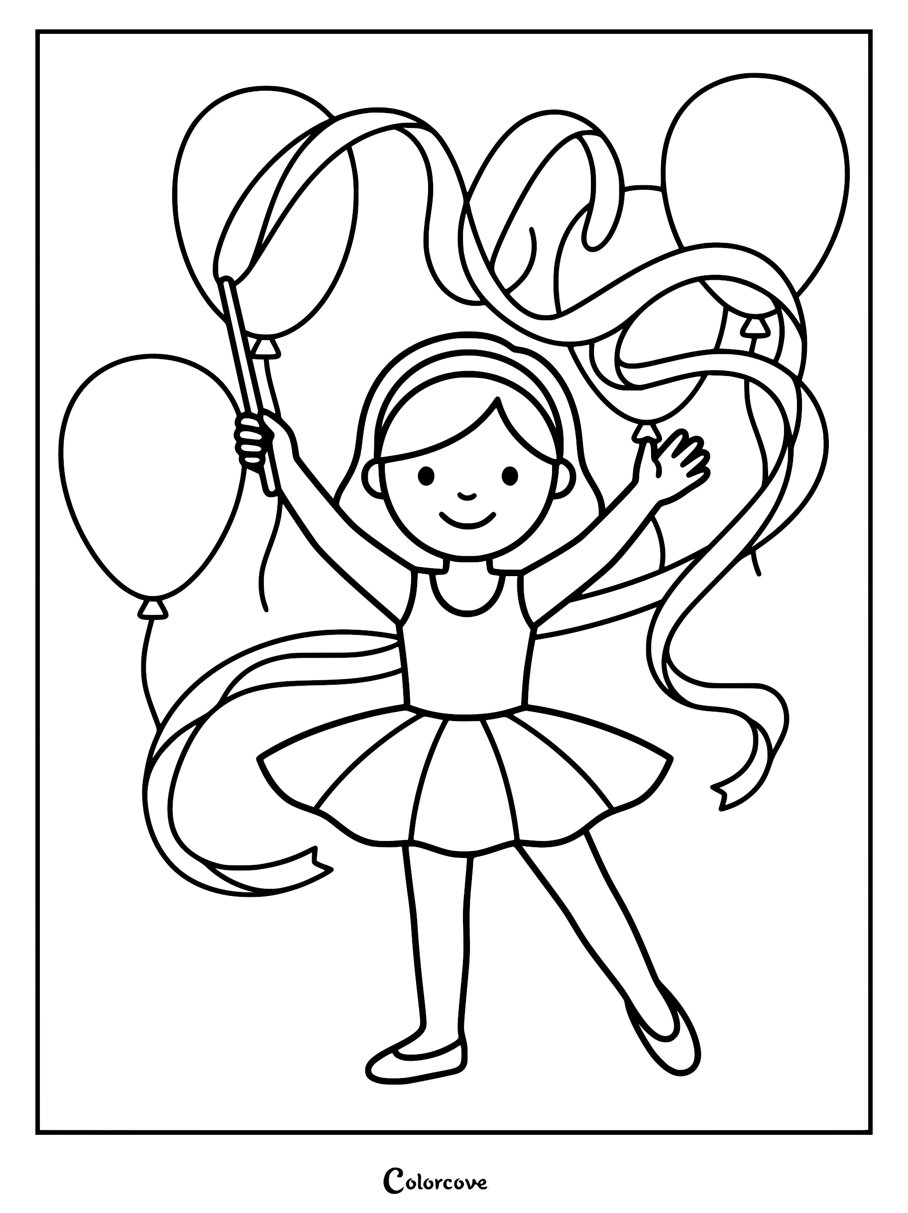 A simple line art coloring page of a young ballerina wearing a tutu and headband, holding a bunch of balloons with flowing ribbons.