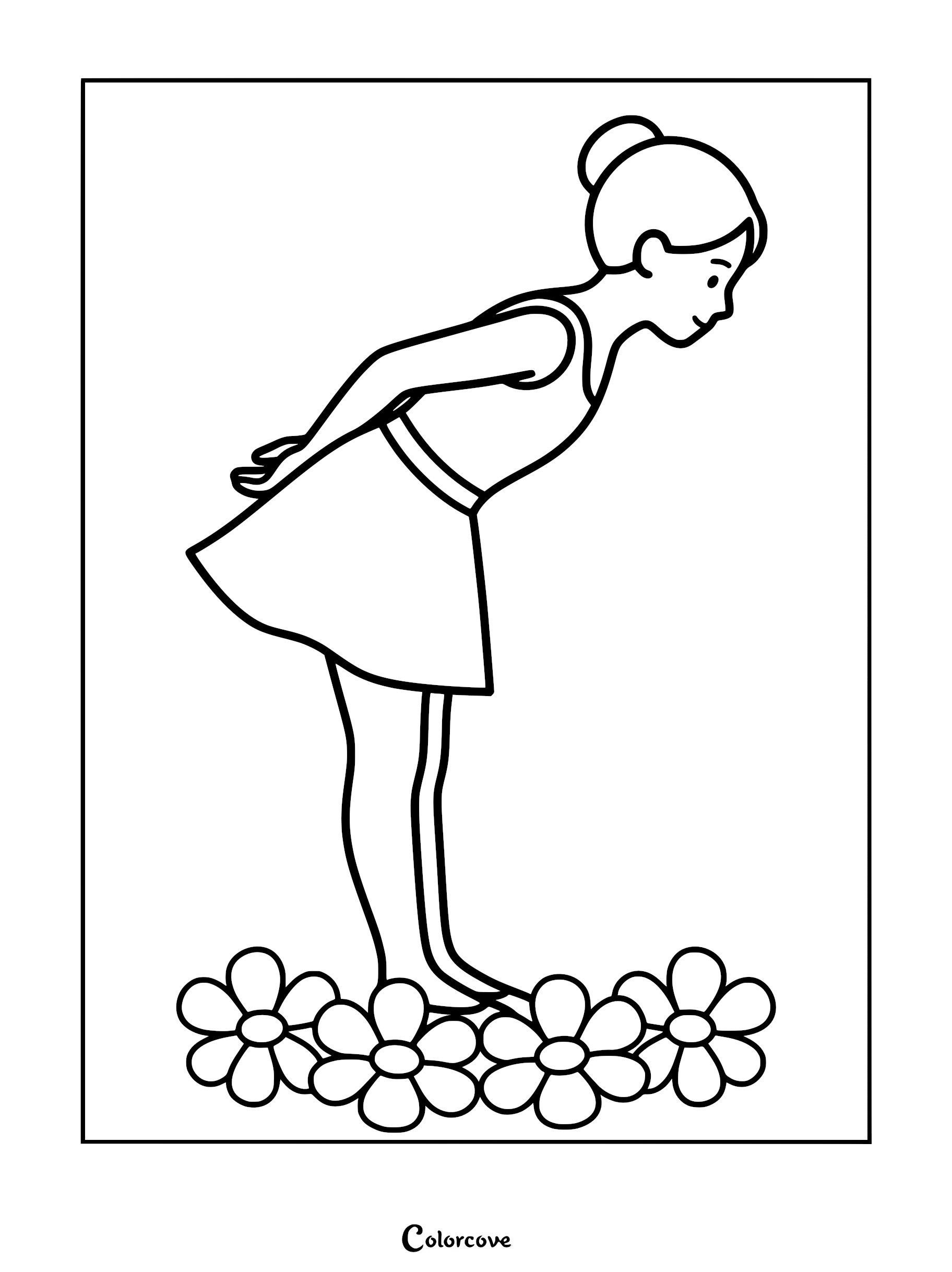 A simple line art coloring page of a young ballerina with a hair bun bowing forward while standing in a patch of daisies.