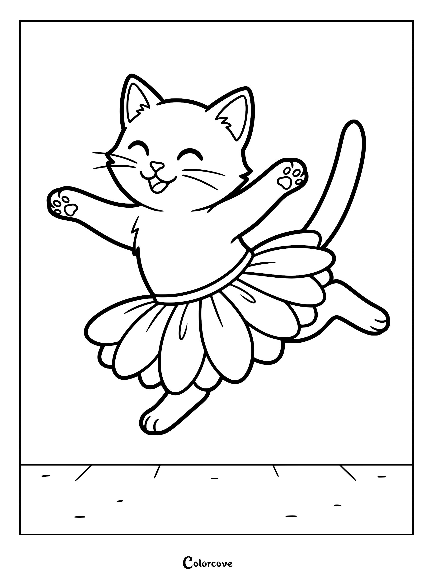 A happy kitten wearing a tutu dancing on a stage in this printable coloring page.