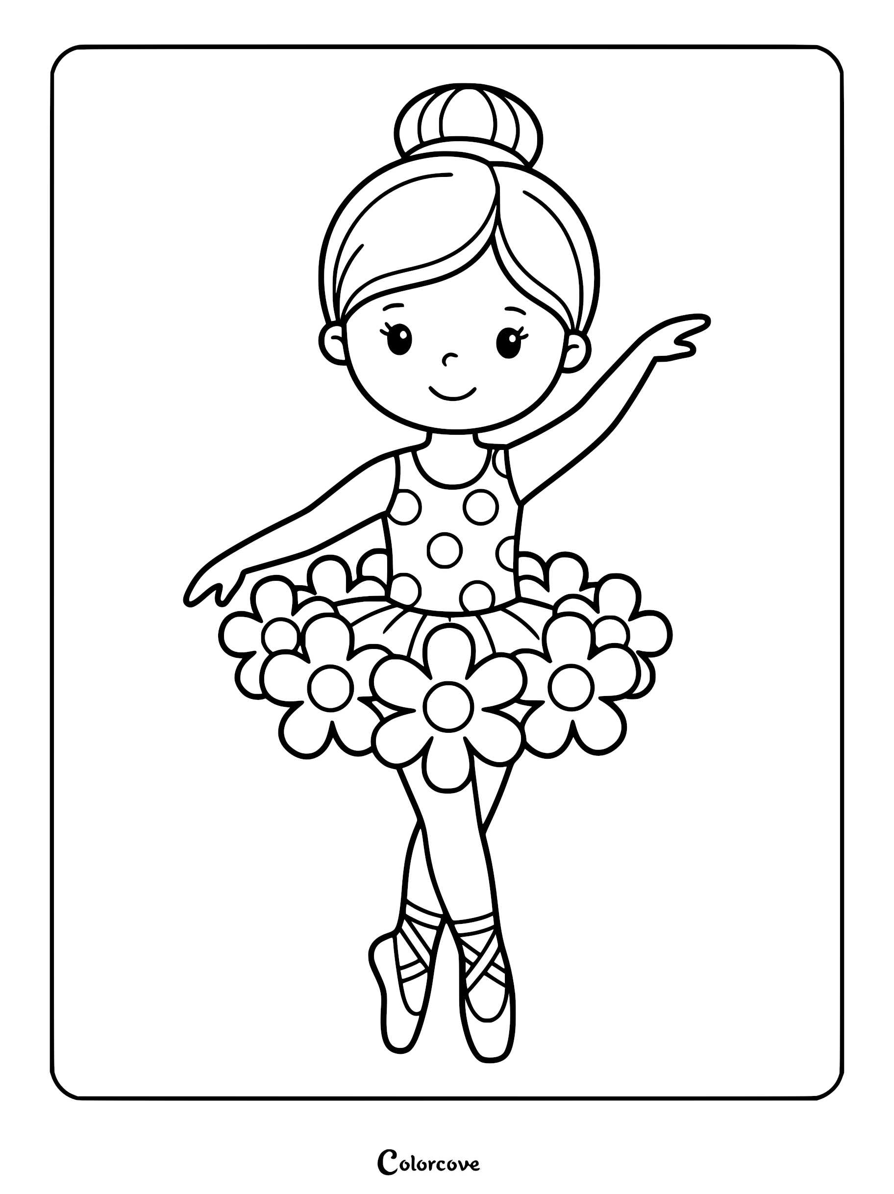 A cute ballerina with a bun hairstyle wearing a polka dot leotard and a flower petal tutu in this printable coloring page.