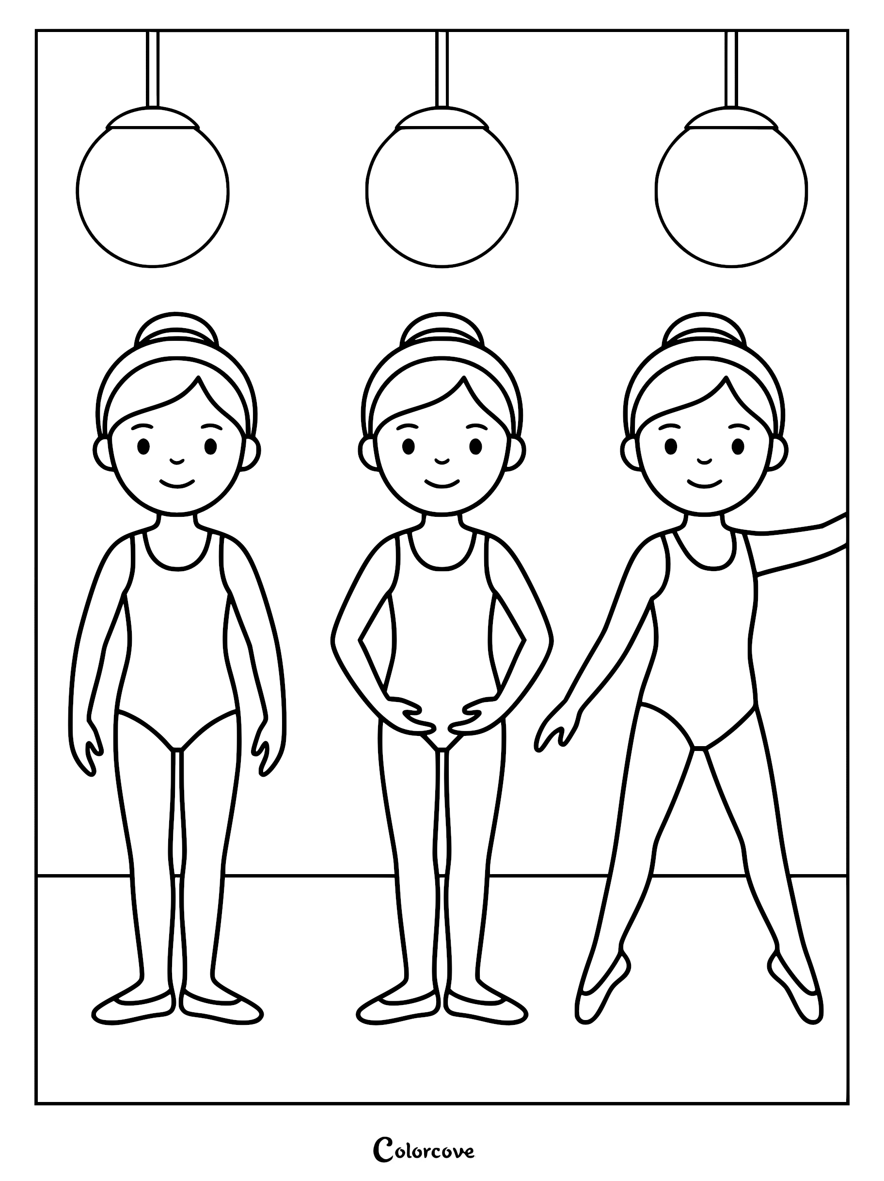 Three young ballerinas in leotards practicing ballet poses under hanging globe lights in this printable coloring page.