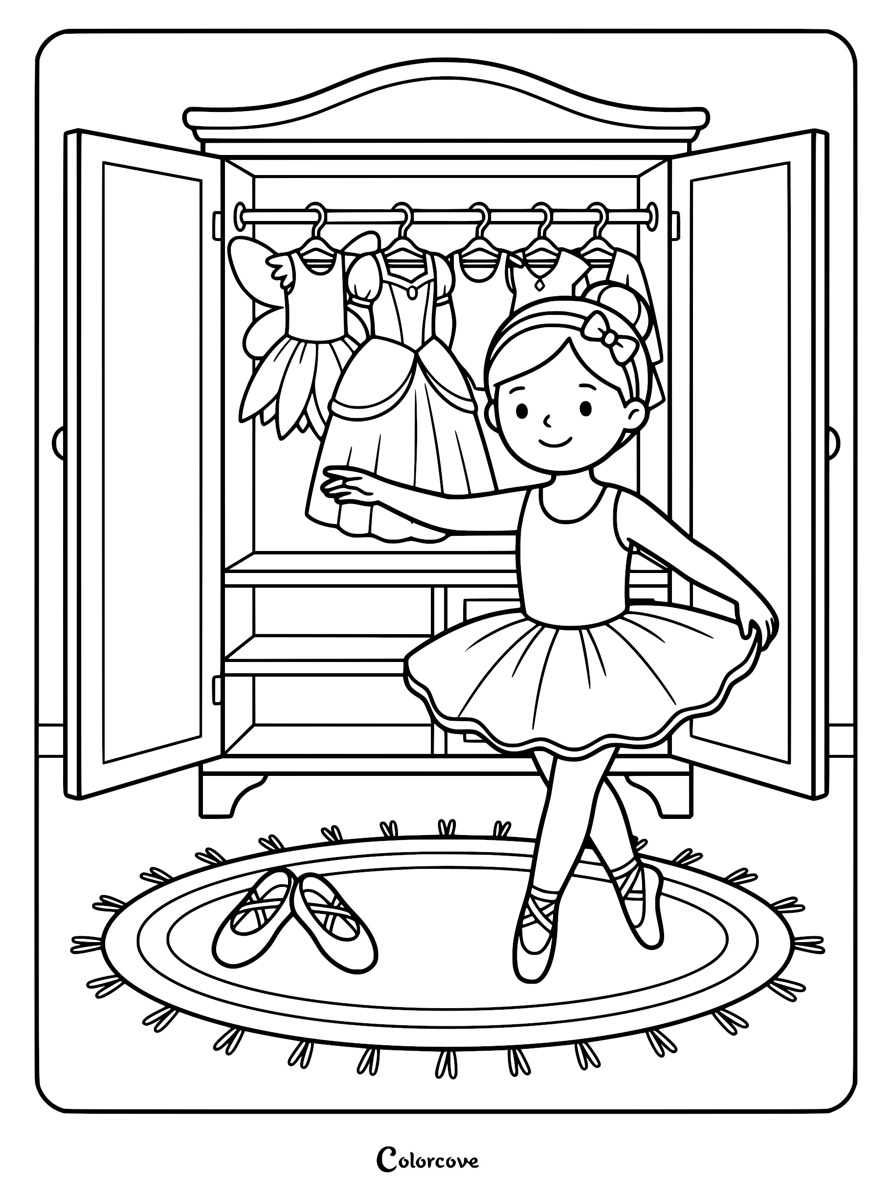 A young ballerina in a tutu standing in front of an open wardrobe filled with dresses, coloring page style line art.