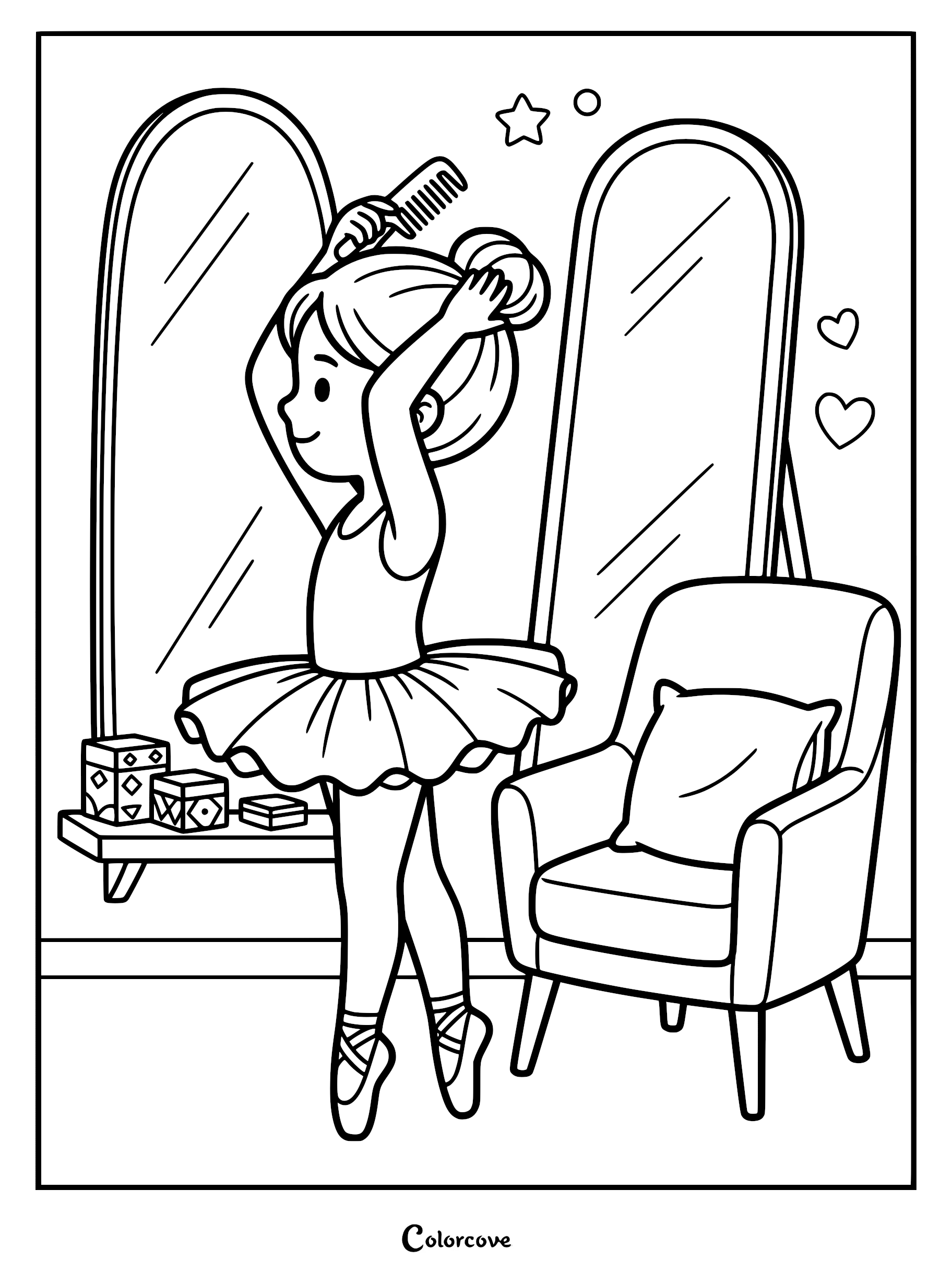 A young ballerina in a tutu brushing her hair in front of a mirror, printable coloring page.