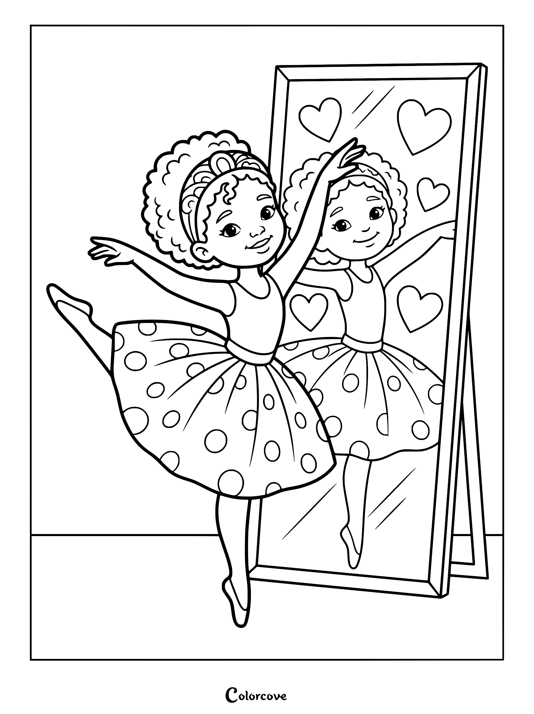 A young ballerina with curly hair and a polka dot tutu practicing ballet poses in front of a heart-decorated mirror on this printable coloring page.
