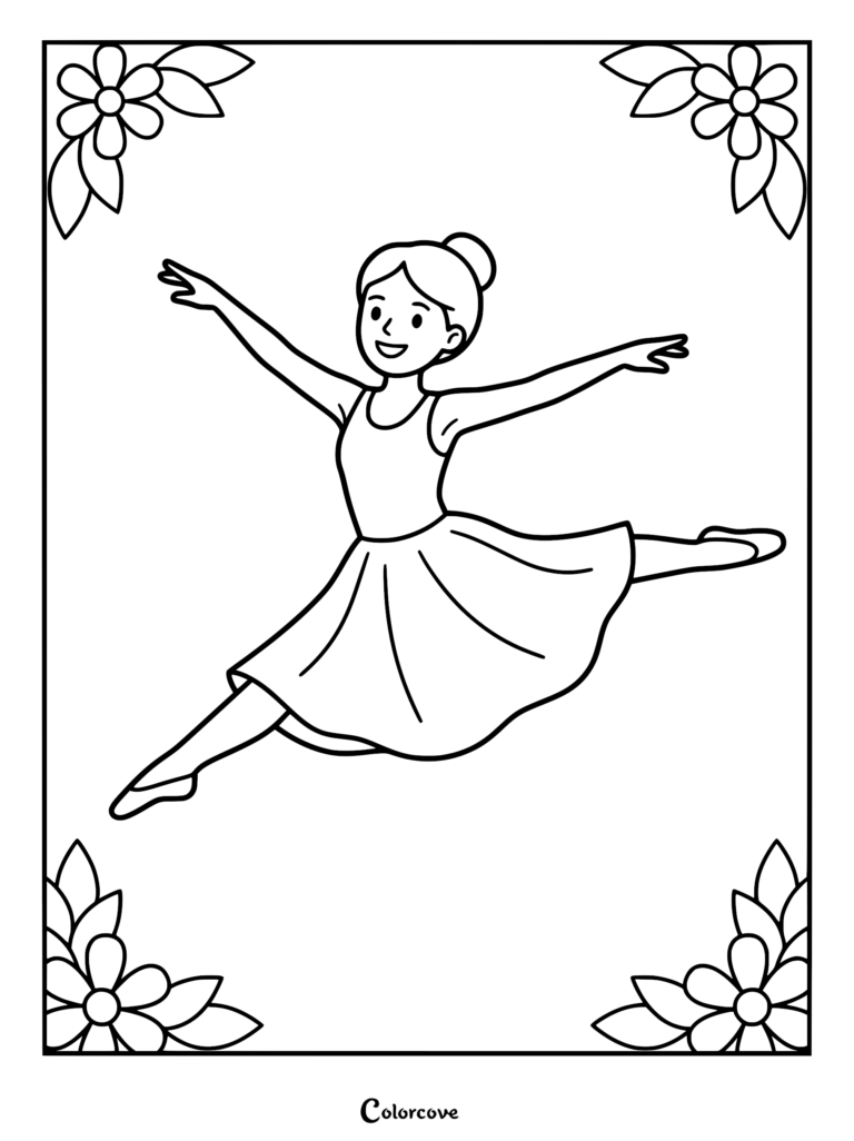 A ballerina performing a grand jete leap inside a decorative floral border coloring page.
