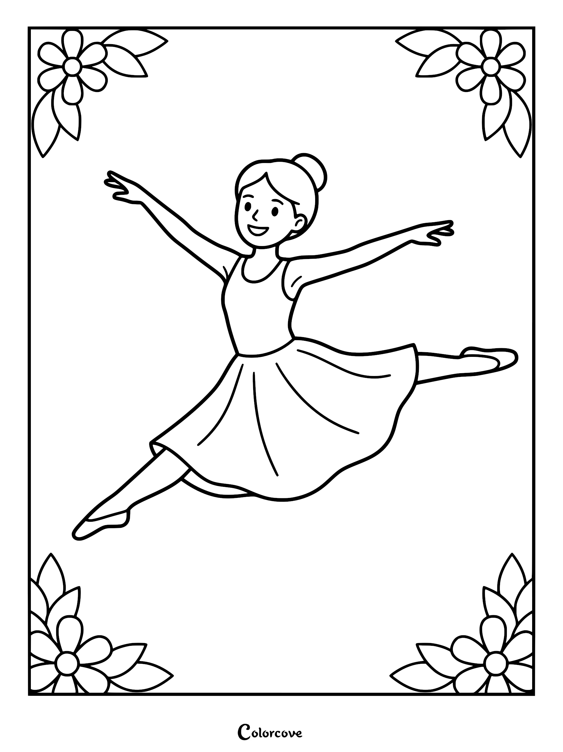 A ballerina performing a grand jete leap inside a decorative floral border coloring page.