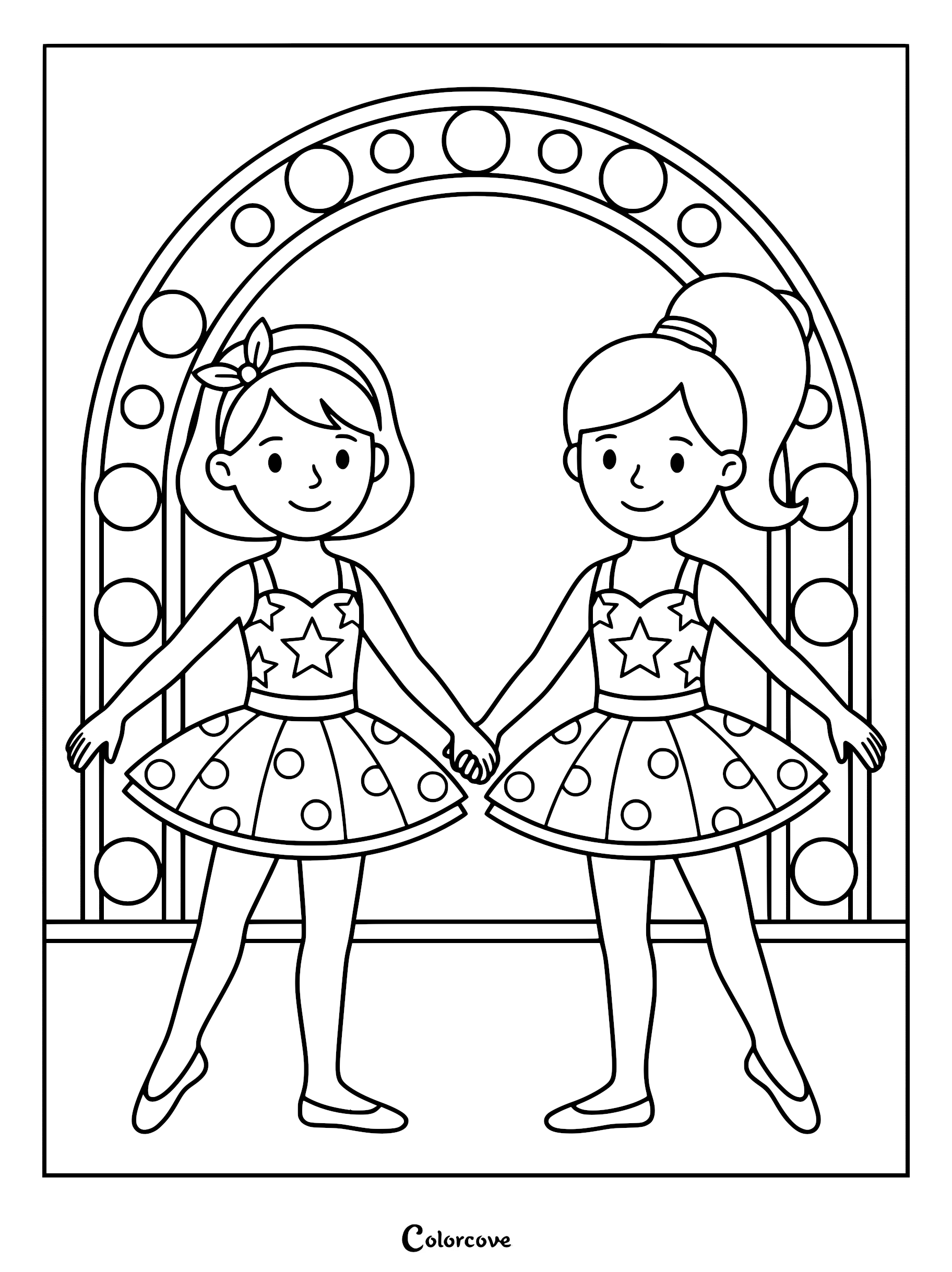 Two young ballerinas in star-patterned tutus holding hands in front of a circular stage light archway coloring page.