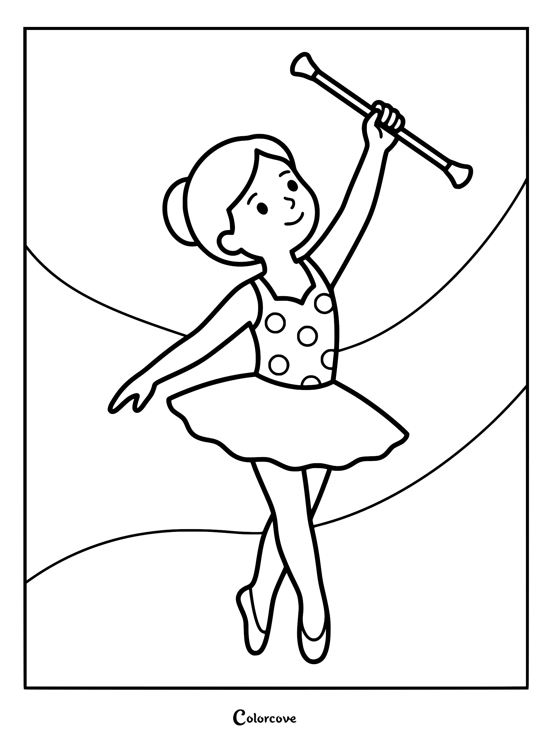 A ballerina in a polka dot leotard and tutu holding a baton up high in this printable coloring page.