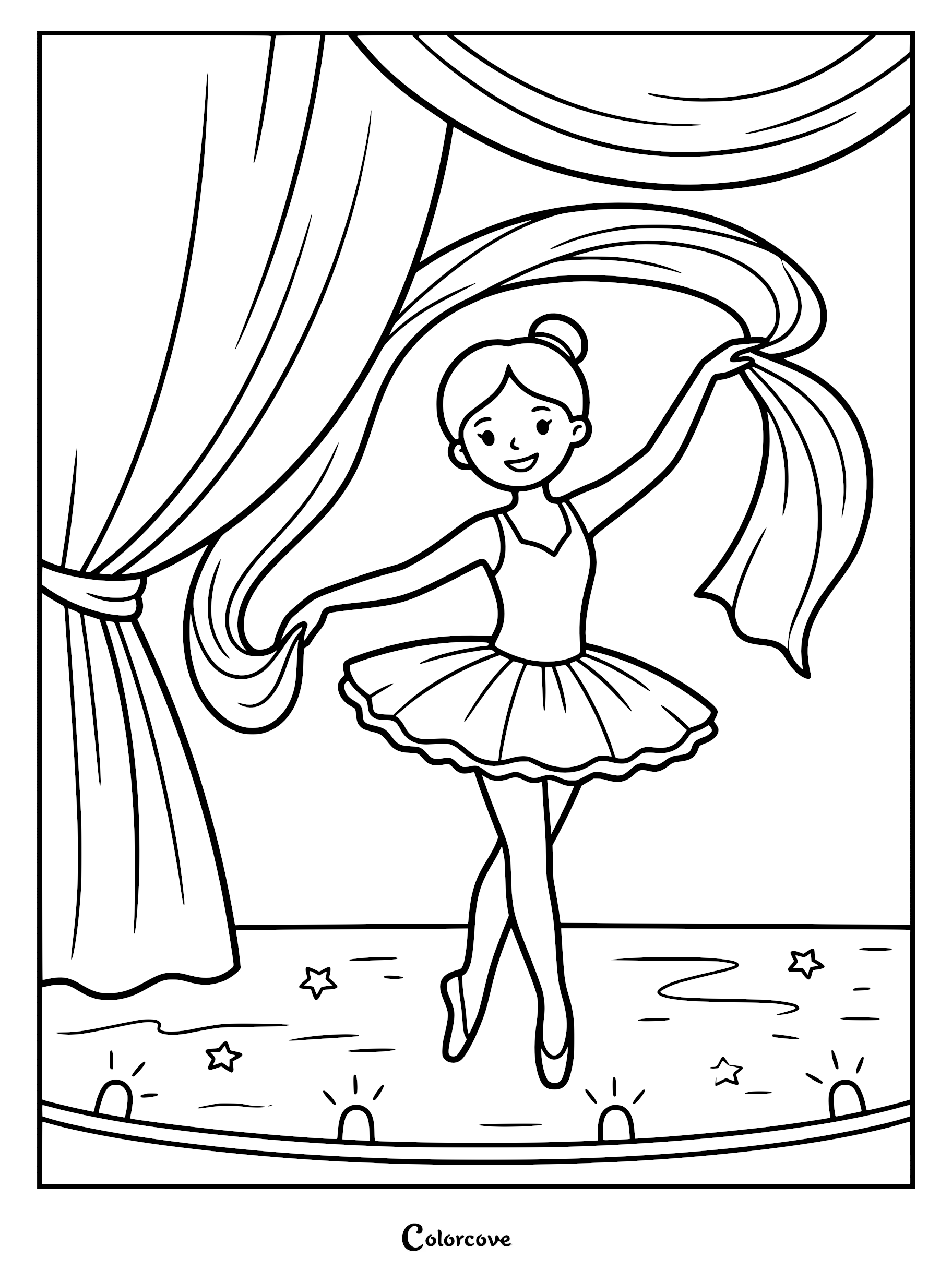 A ballerina in a tutu holding a flowing fabric scarf on a stage with curtains and floor lights, coloring page.