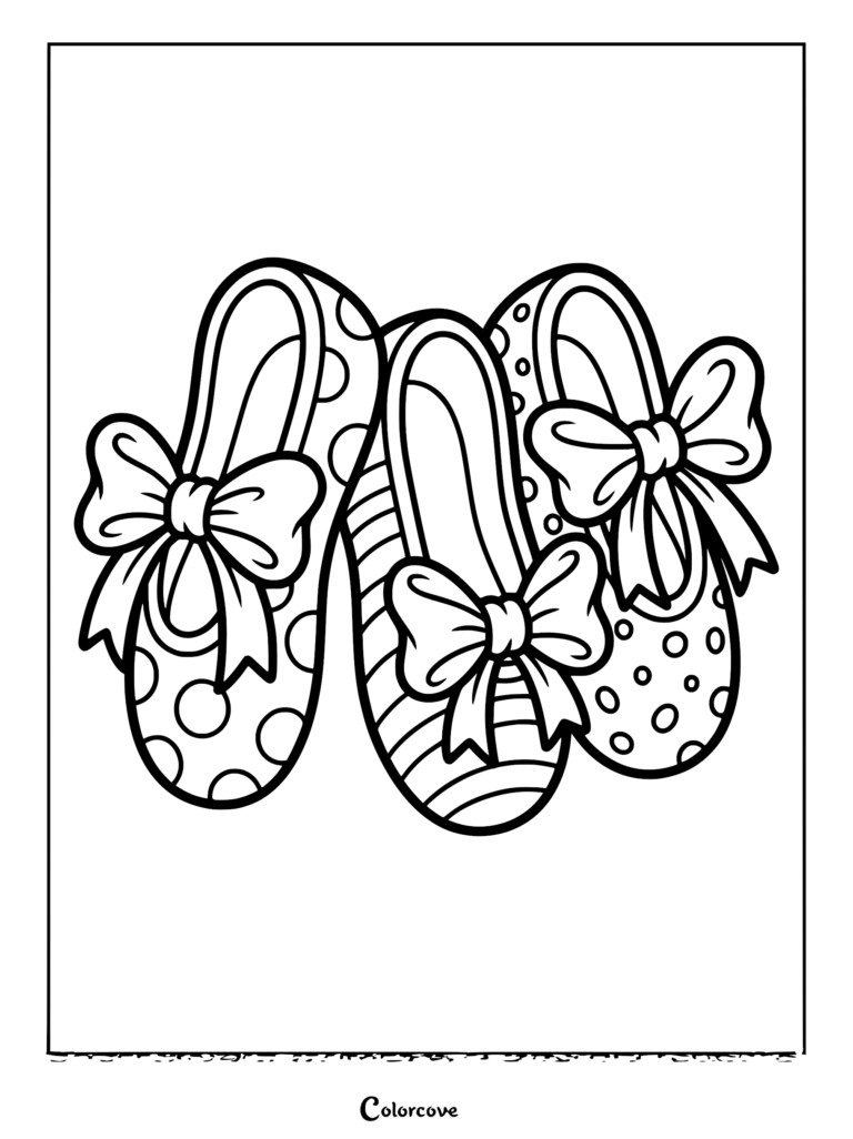 Three ballerina slippers with polka dots and stripes featuring large bows on a printable coloring page.