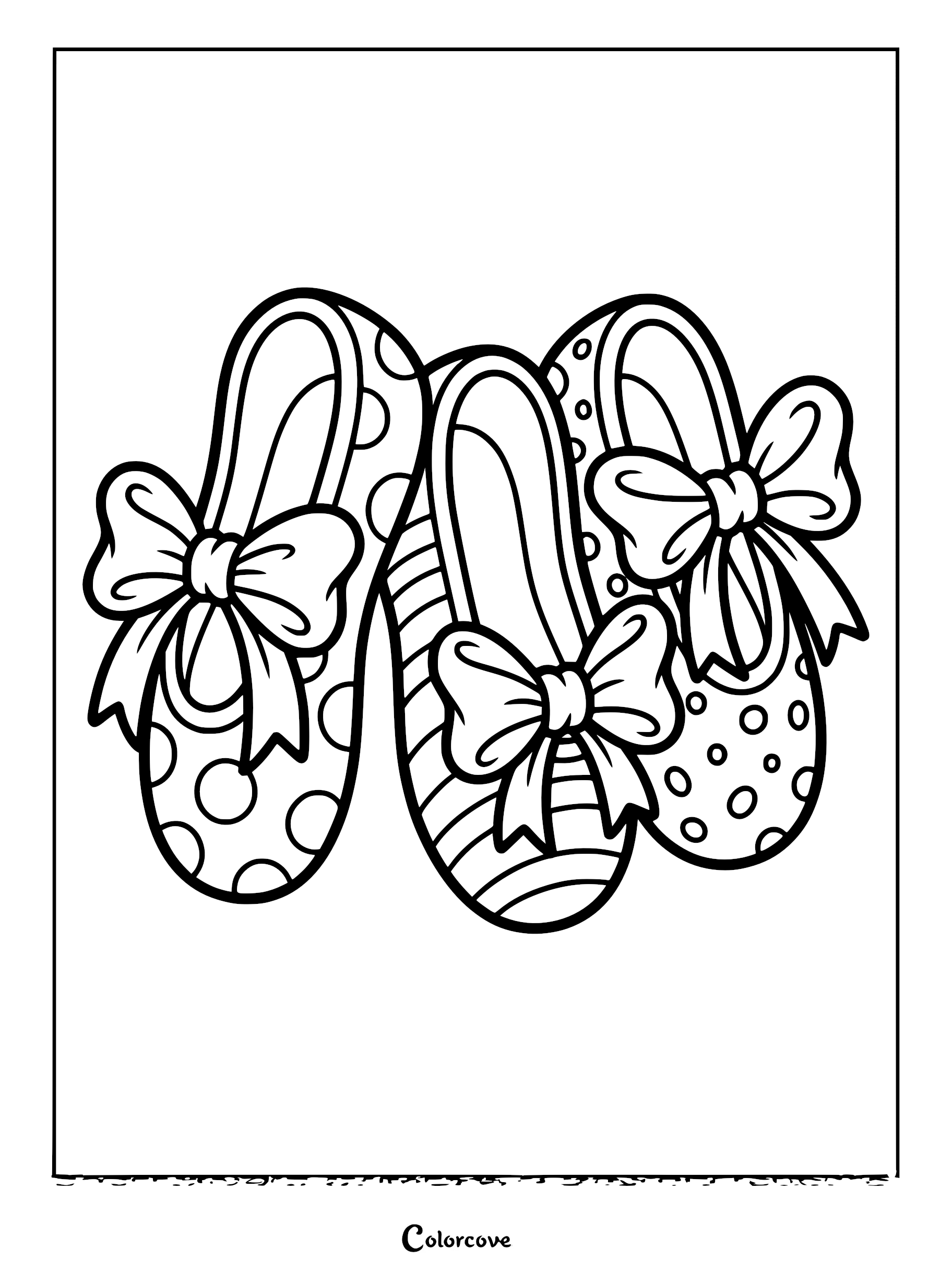Three ballerina slippers with polka dots and stripes featuring large bows on a printable coloring page.