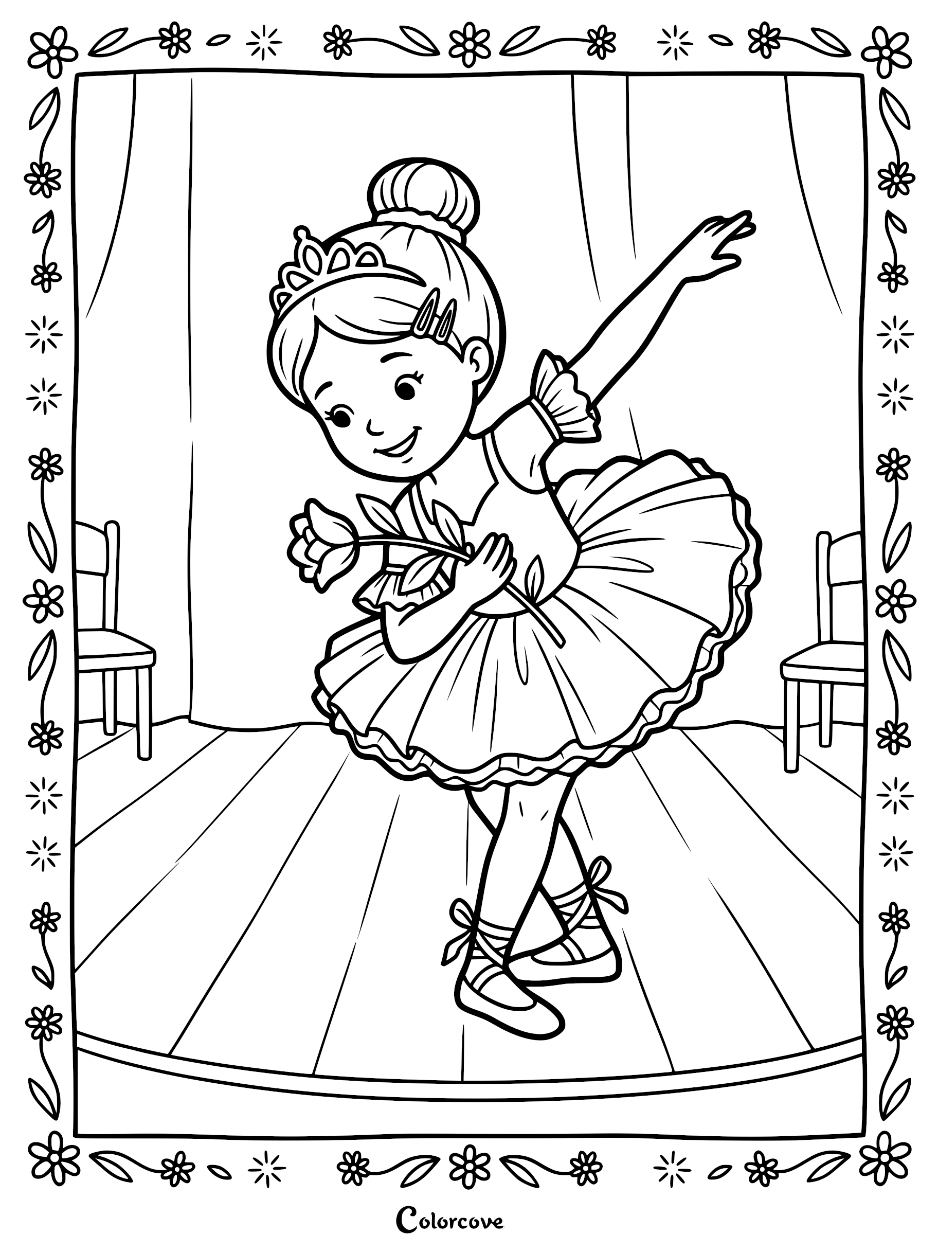 A young ballerina wearing a tiara and tutu holding a flower on a stage, printable coloring page.