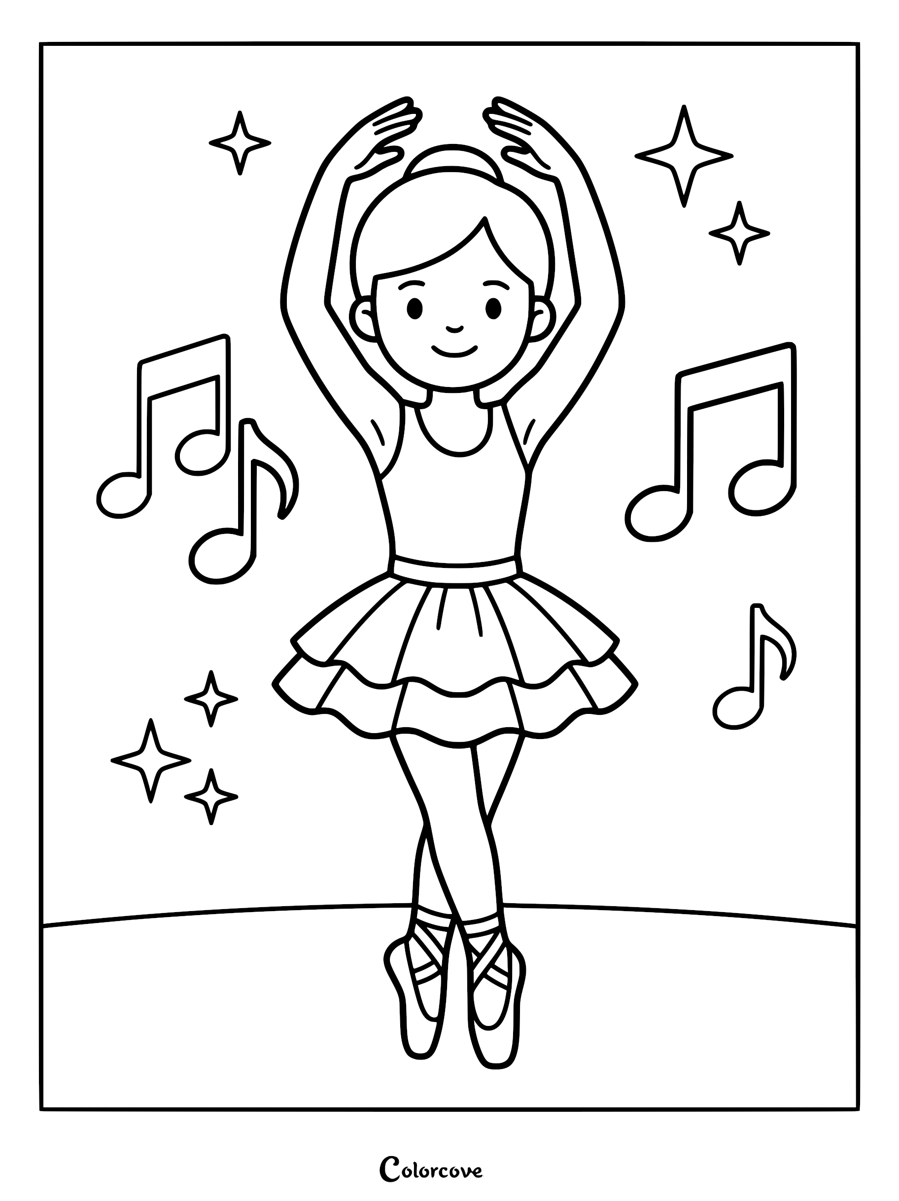 A cute ballerina in a tutu performing a dance pose with musical notes and stars in this printable coloring page.