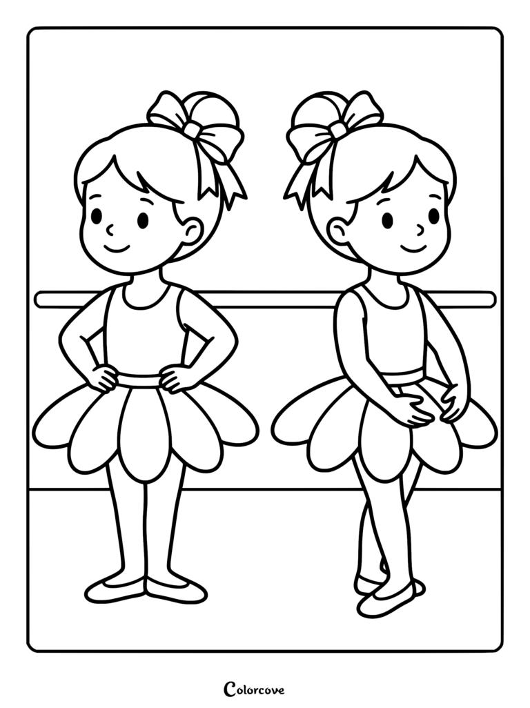 Two young ballerinas with hair bows standing at a ballet barre in this printable coloring page.