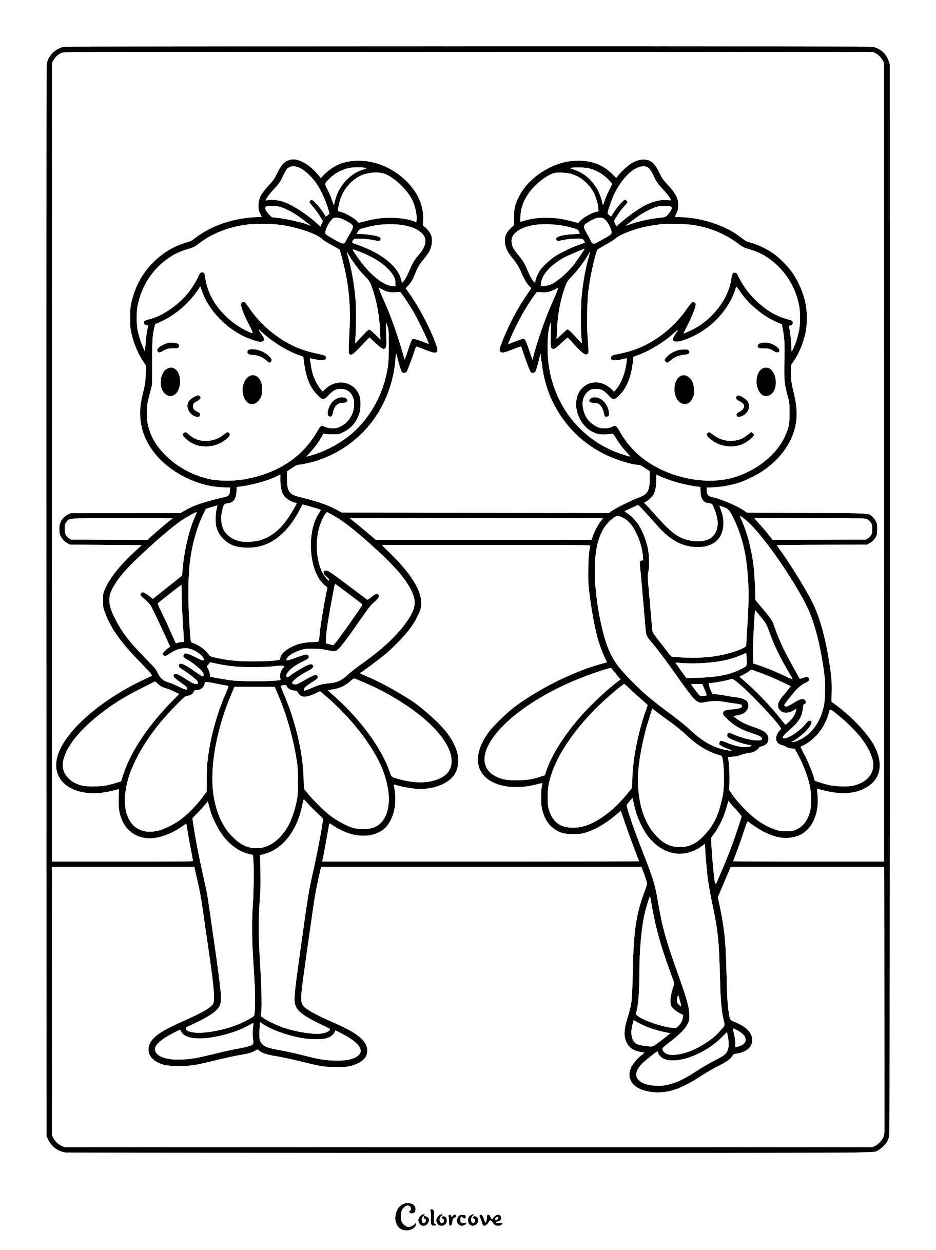 Two young ballerinas with hair bows standing at a ballet barre in this printable coloring page.