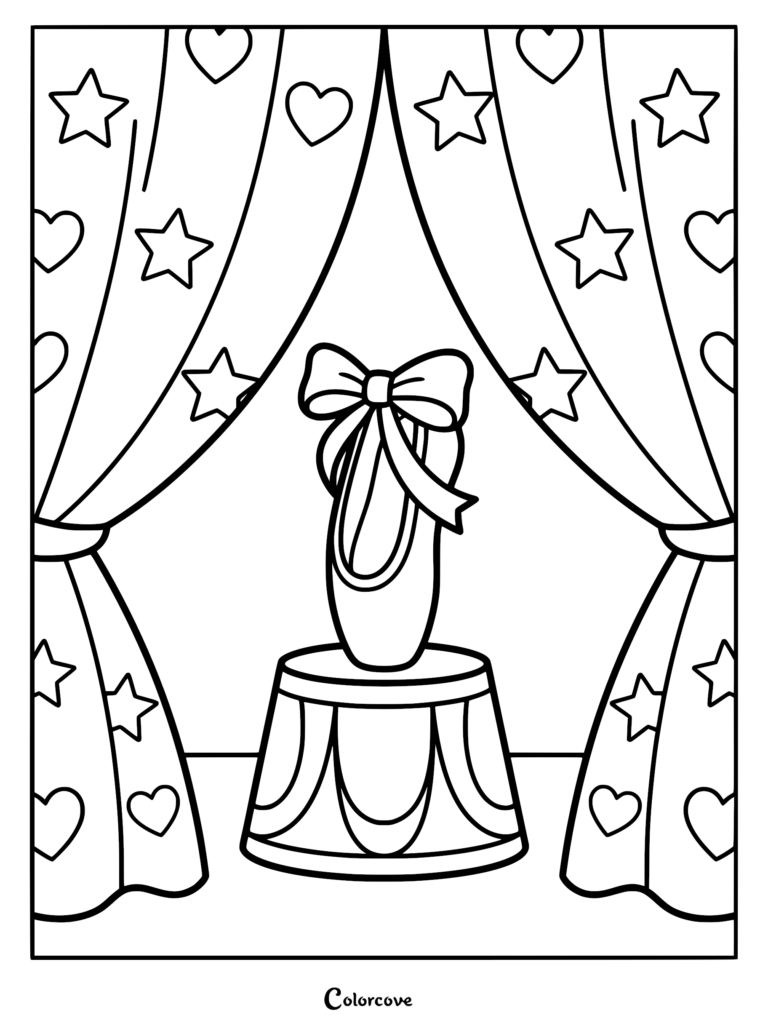 A single ballet slipper with a large bow resting on a pedestal in front of star and heart patterned curtains, coloring page.