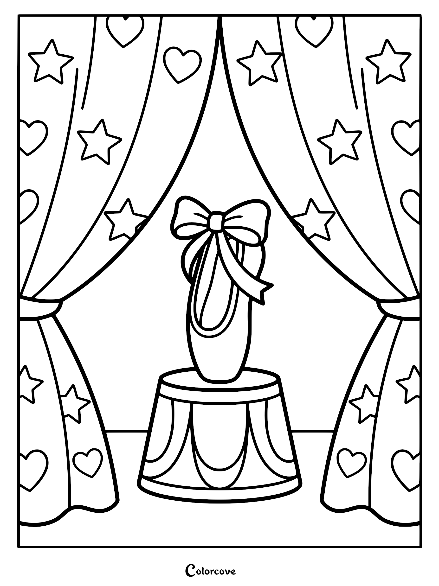 A single ballet slipper with a large bow resting on a pedestal in front of star and heart patterned curtains, coloring page.
