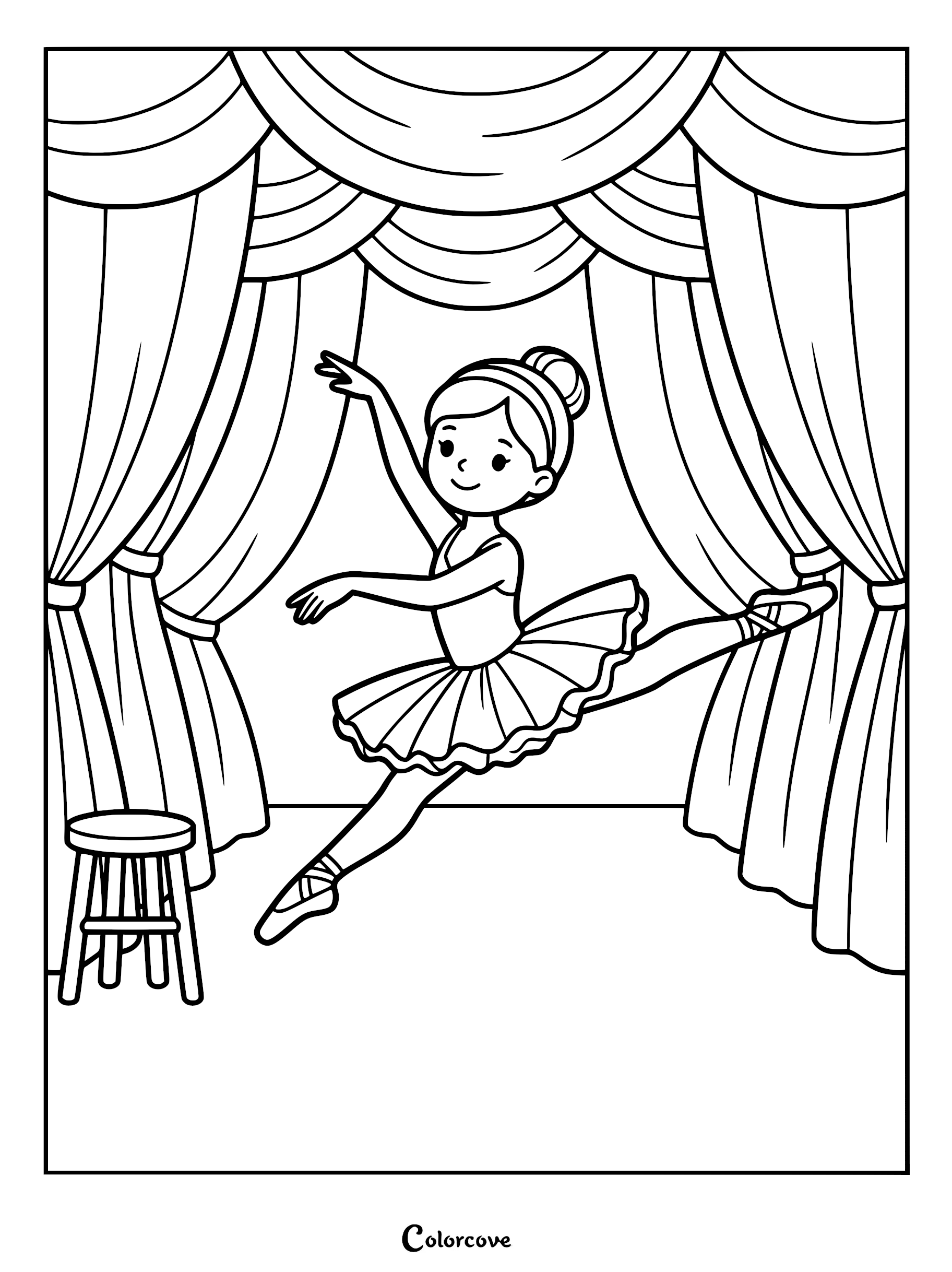 A young ballerina in a tutu performing a grand jeté leap on a stage with curtains, printable coloring page.