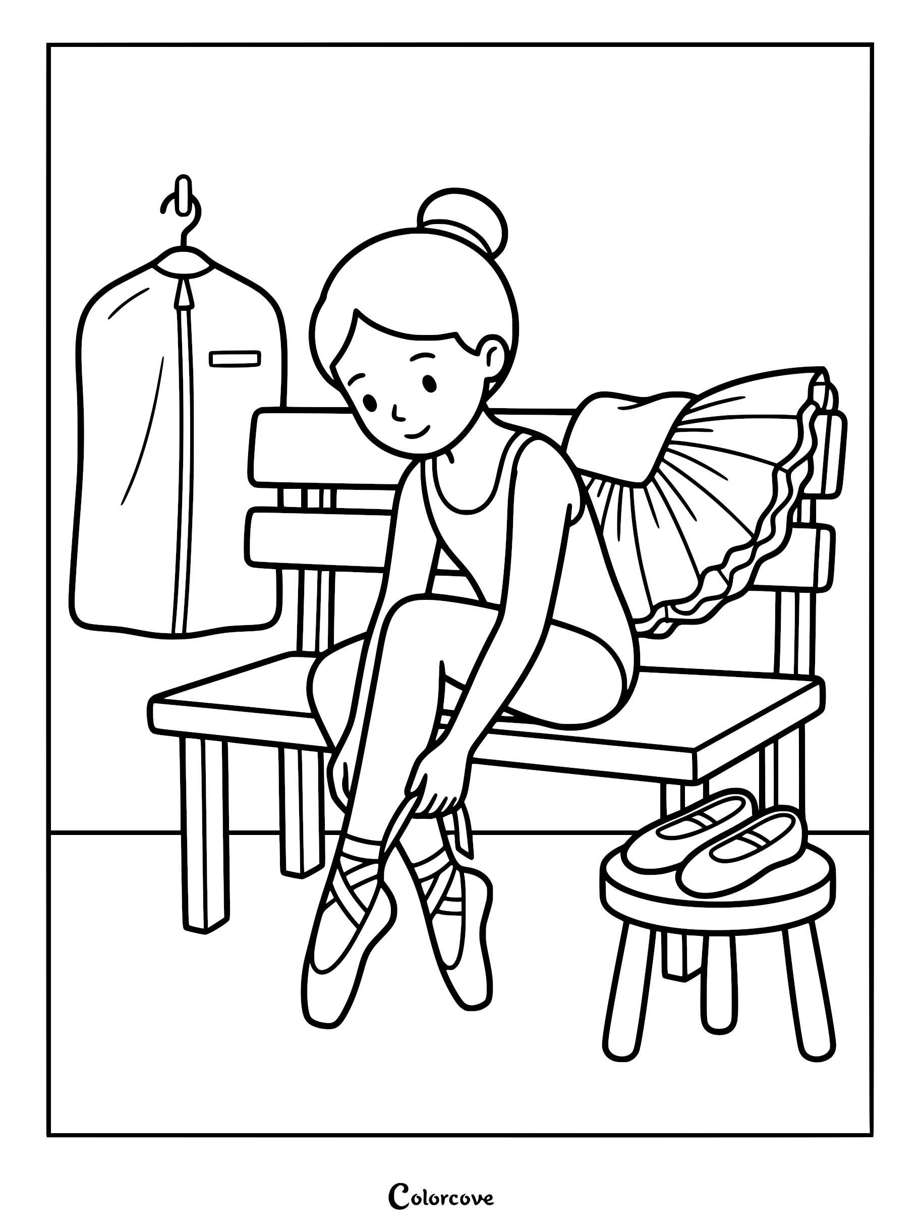 A young ballerina sitting on a bench tying her pointe shoes in a dressing room, coloring page.