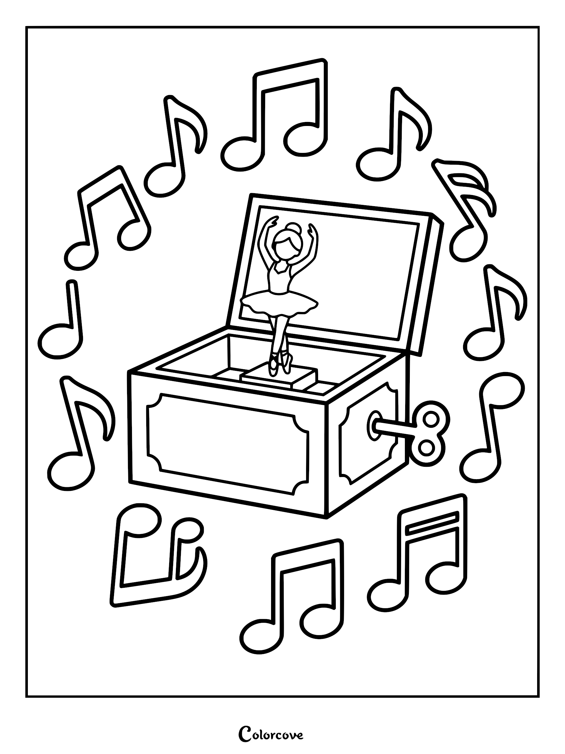 A ballerina figurine dancing inside an open music box surrounded by floating musical notes in this printable coloring page.