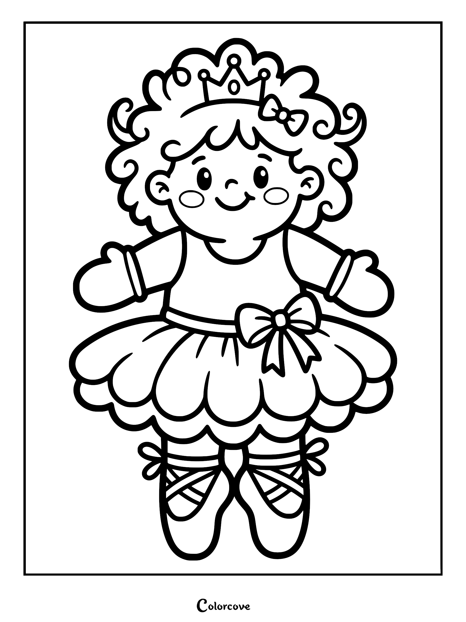 A cute ballerina coloring page featuring a girl with curly hair, a small crown, and a tutu with a bow.
