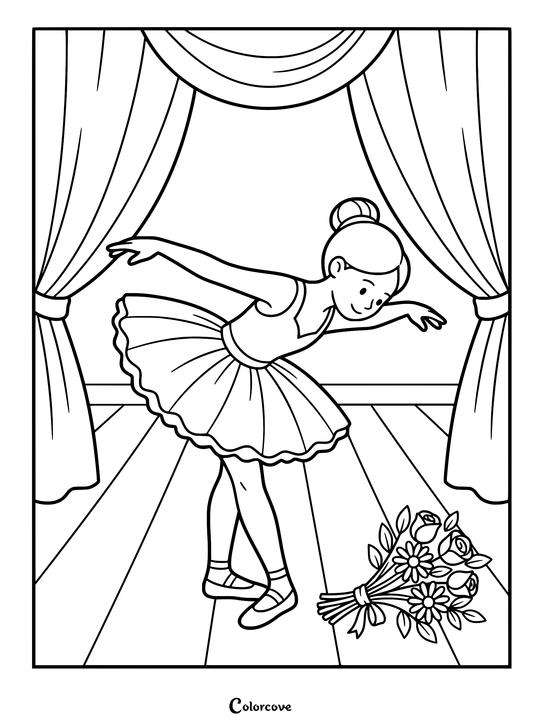 A young ballerina in a tutu bowing on a stage with curtains and a bouquet of roses and daisies in this coloring page.