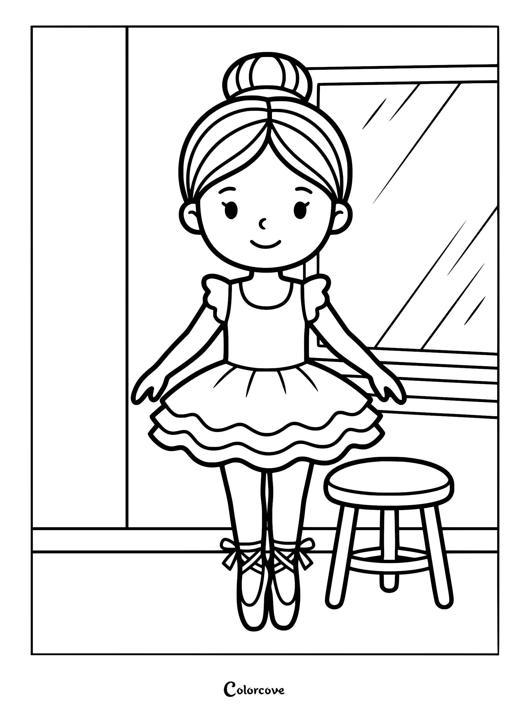 A cute ballerina with a bun hairstyle wearing a tutu and pointe shoes standing next to a small stool, coloring page.