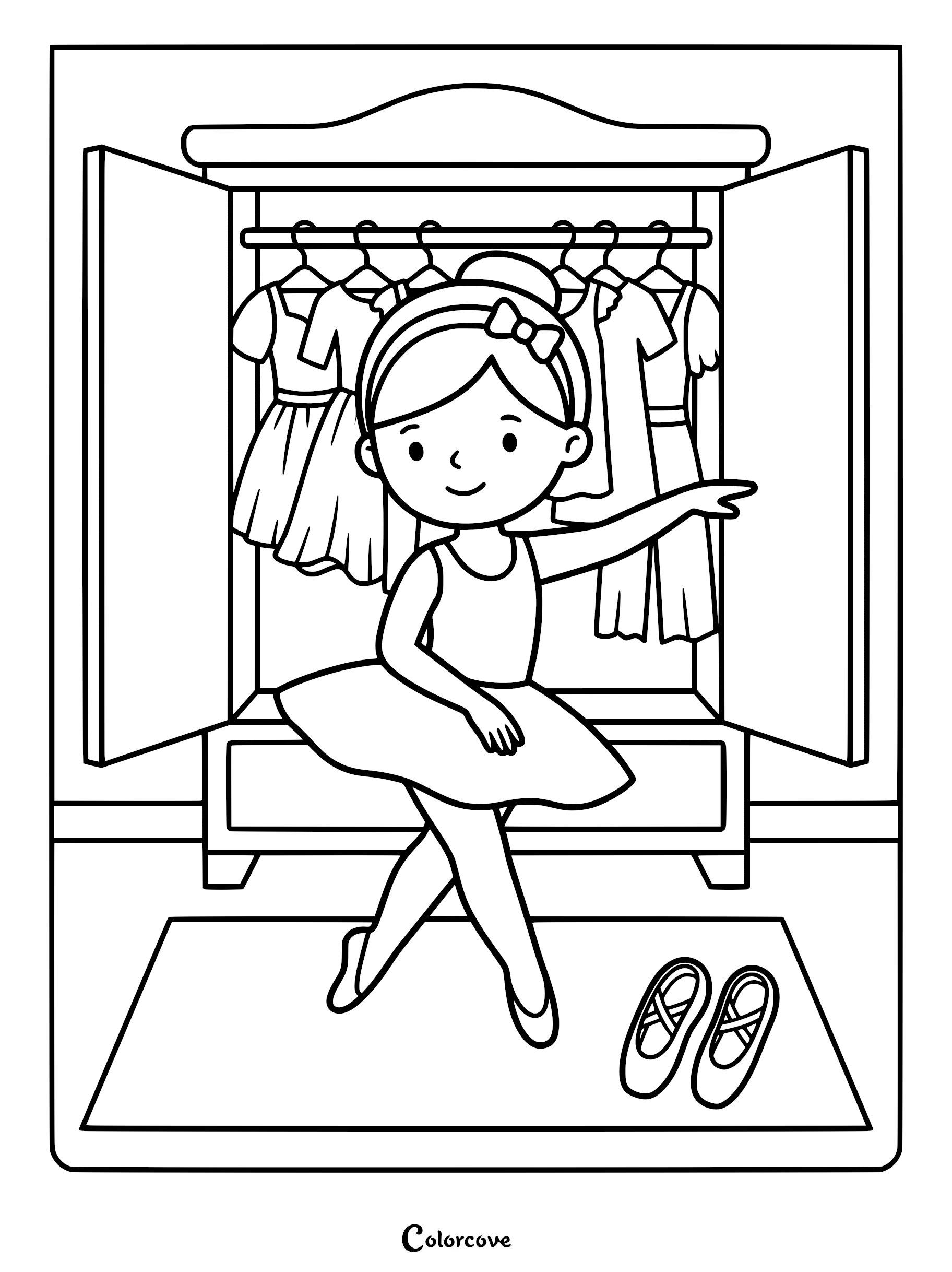 A young ballerina in a tutu standing in front of an open wardrobe full of dresses, coloring page style line art.