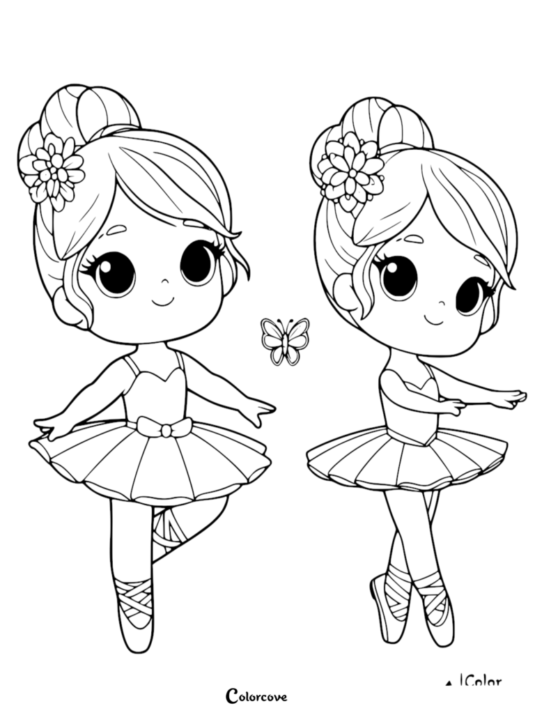 Two cute ballerinas with flower hair buns and tutus on a printable coloring page with a butterfly.