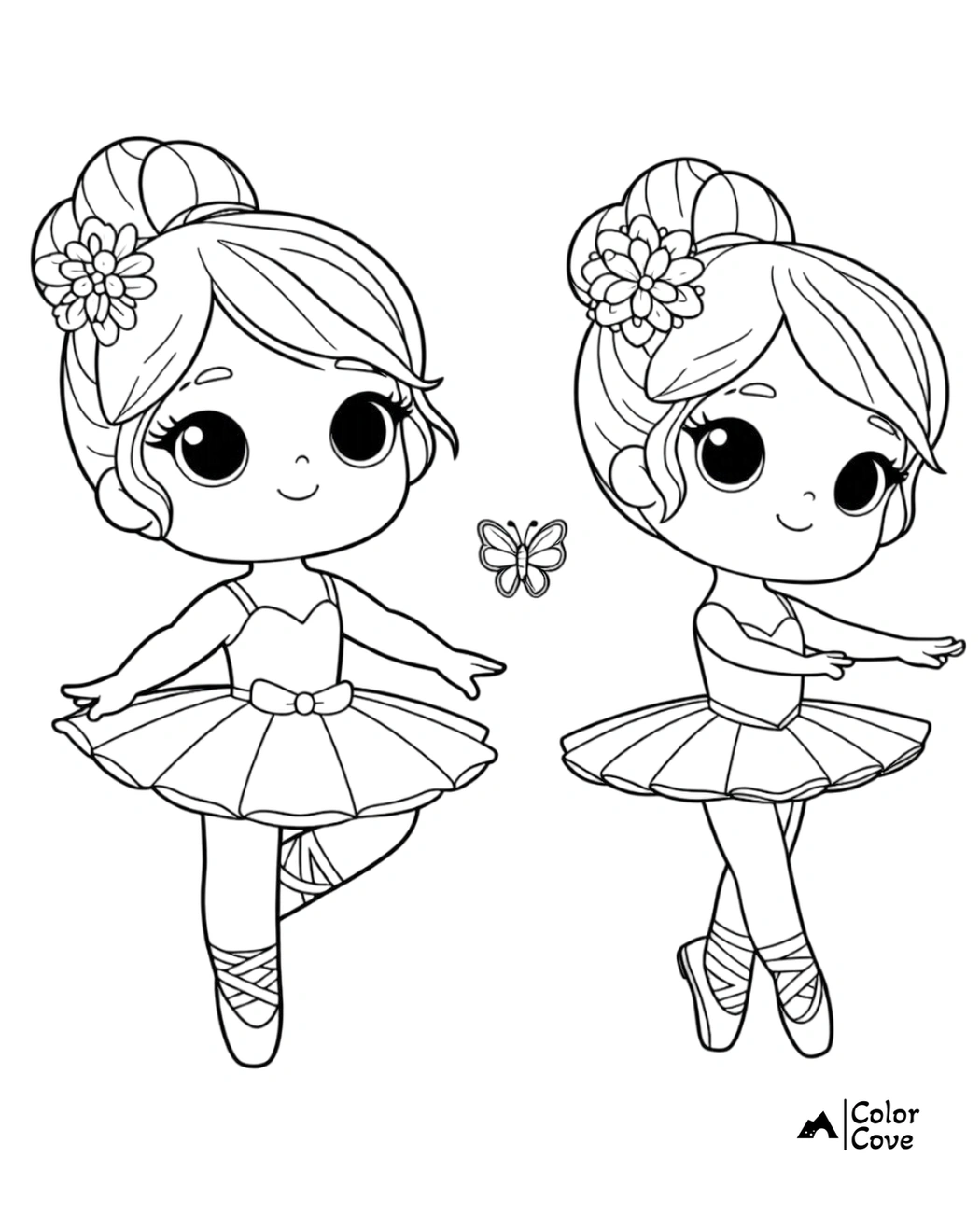 Cute ballerina girls coloring page with flowers in hair, butterfly between them, wearing tutus and ballet shoes. ColorCove.