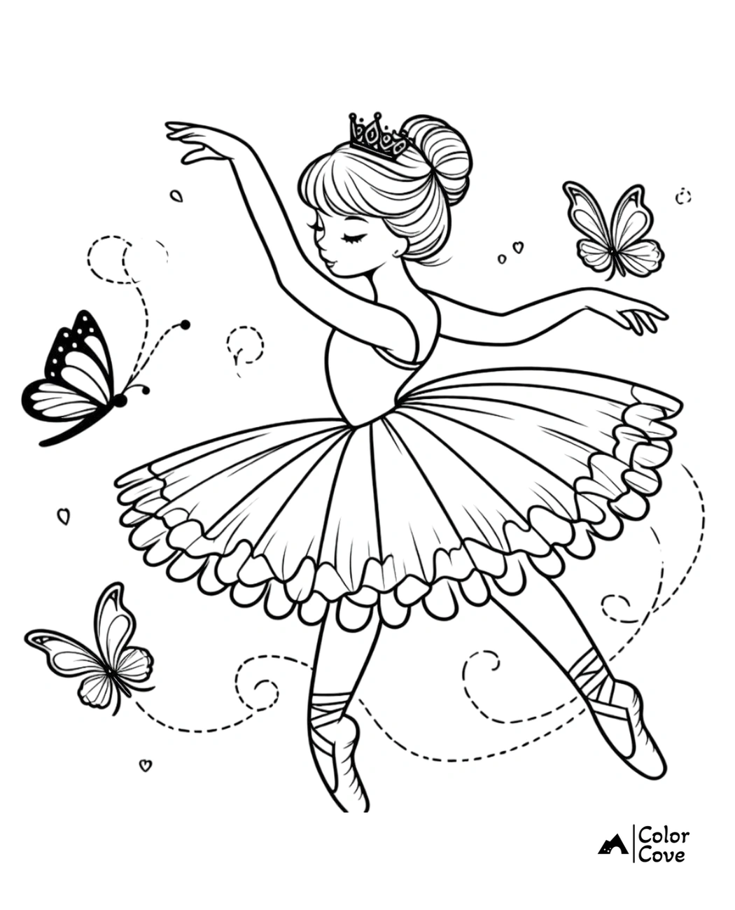 Coloring page of a graceful ballerina princess in a tutu with butterflies and delicate designs by Color Cove.