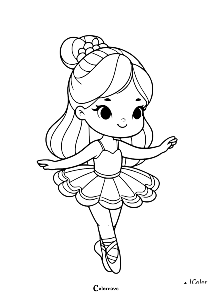 A cute ballerina with a high bun and layered tutu in this free printable coloring page sheet 2.