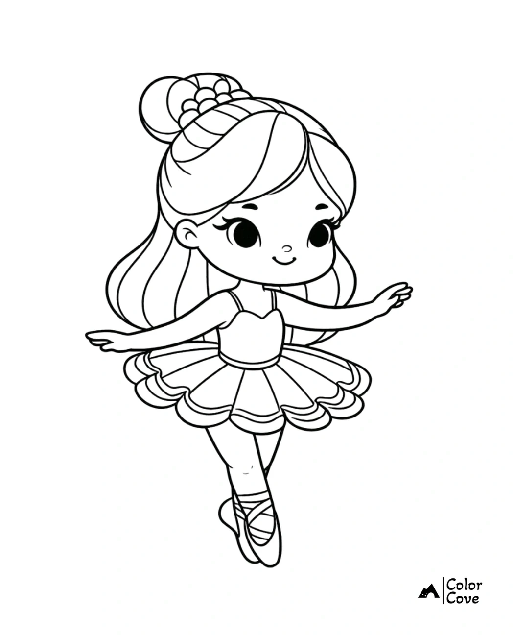 Coloring page of an adorable ballerina in a tutu striking a dance pose, perfect for kids' creative activities.