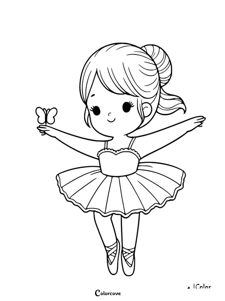 A cute ballerina in a tutu holding a butterfly on this printable coloring page sheet 3.