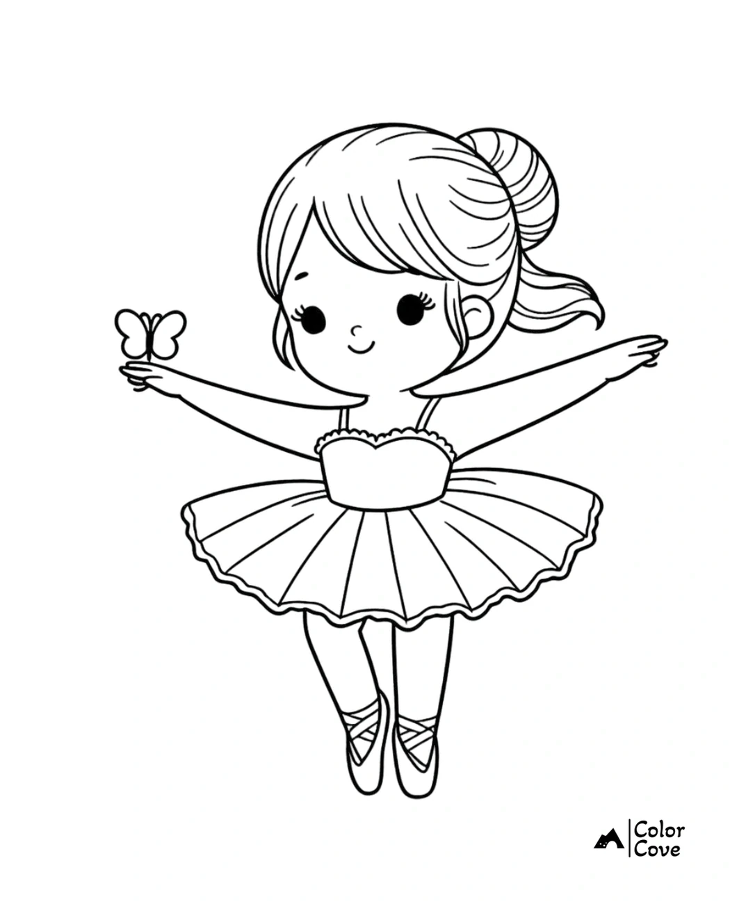 Cute ballerina in tutu holding a butterfly coloring page for kids. Perfect for creative coloring activities.