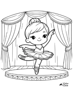 Coloring page of a cute ballerina dancing on stage with a backdrop of curtains, perfect for kids' creative activities.