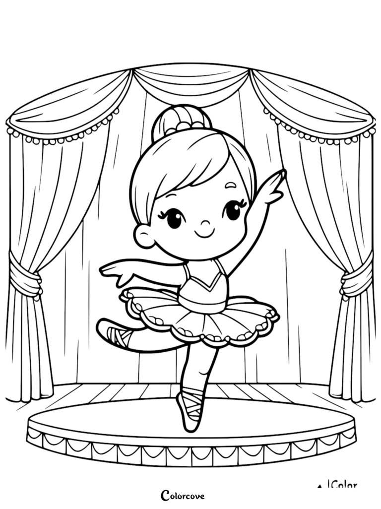 A cute ballerina performing on a stage with curtains in this free printable coloring page sheet 4.