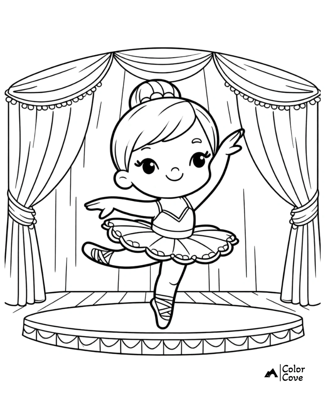 Coloring page of a cute ballerina dancing on stage with a backdrop of curtains, perfect for kids' creative activities.