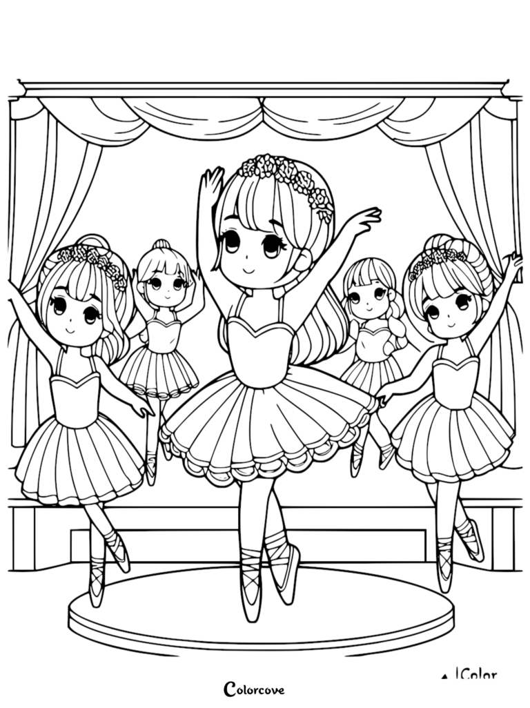 Five cute ballerinas performing a dance routine on a stage in this free printable coloring page.