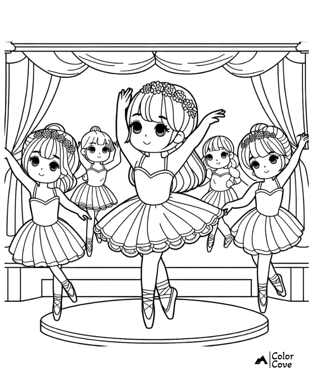 Coloring page of five young ballerinas performing on stage, wearing tutus and flower headbands, under a curtain backdrop.