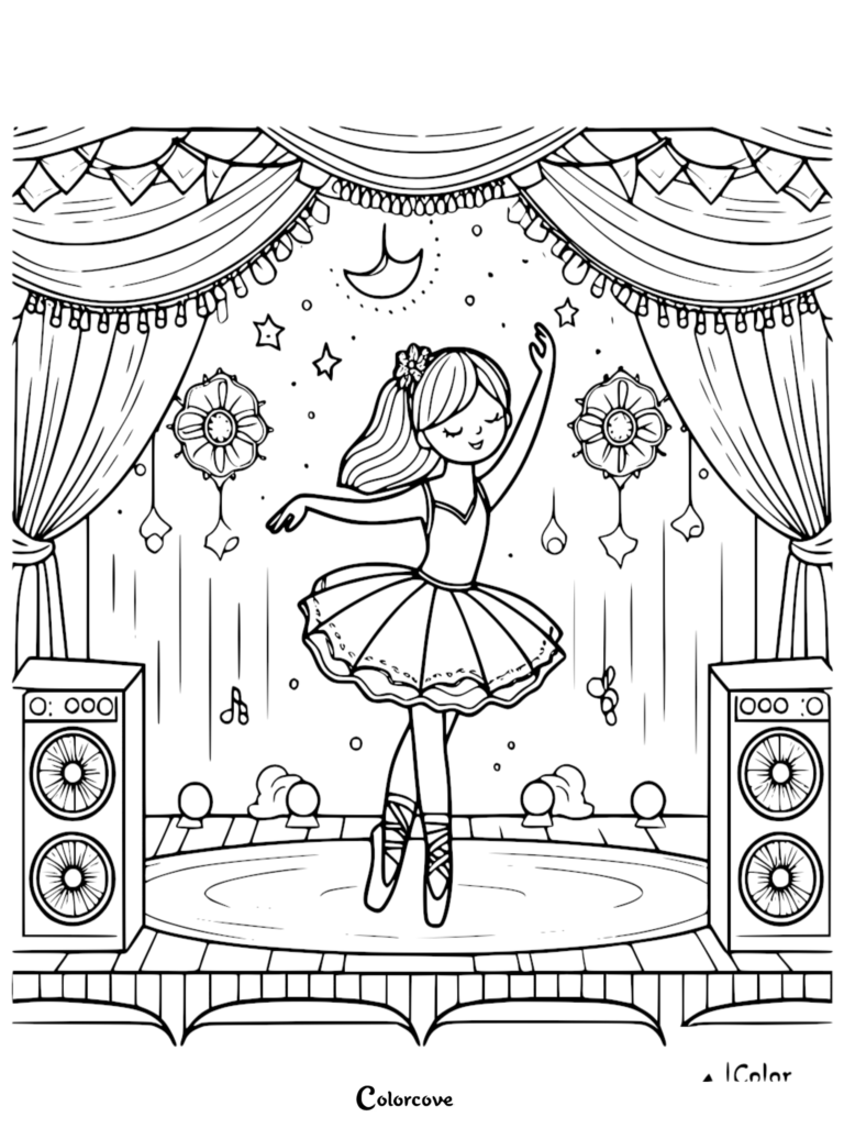 A cute ballerina dancing on a stage with curtains and speakers in this printable coloring page sheet 6.