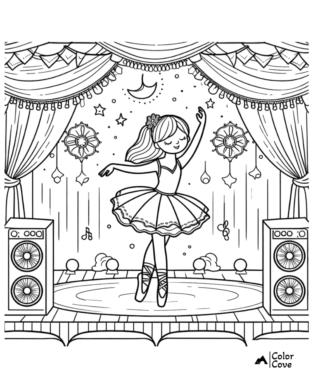 Ballet dancer coloring page with a girl in tutu performing on stage with curtains, flowers, stars, and speakers.