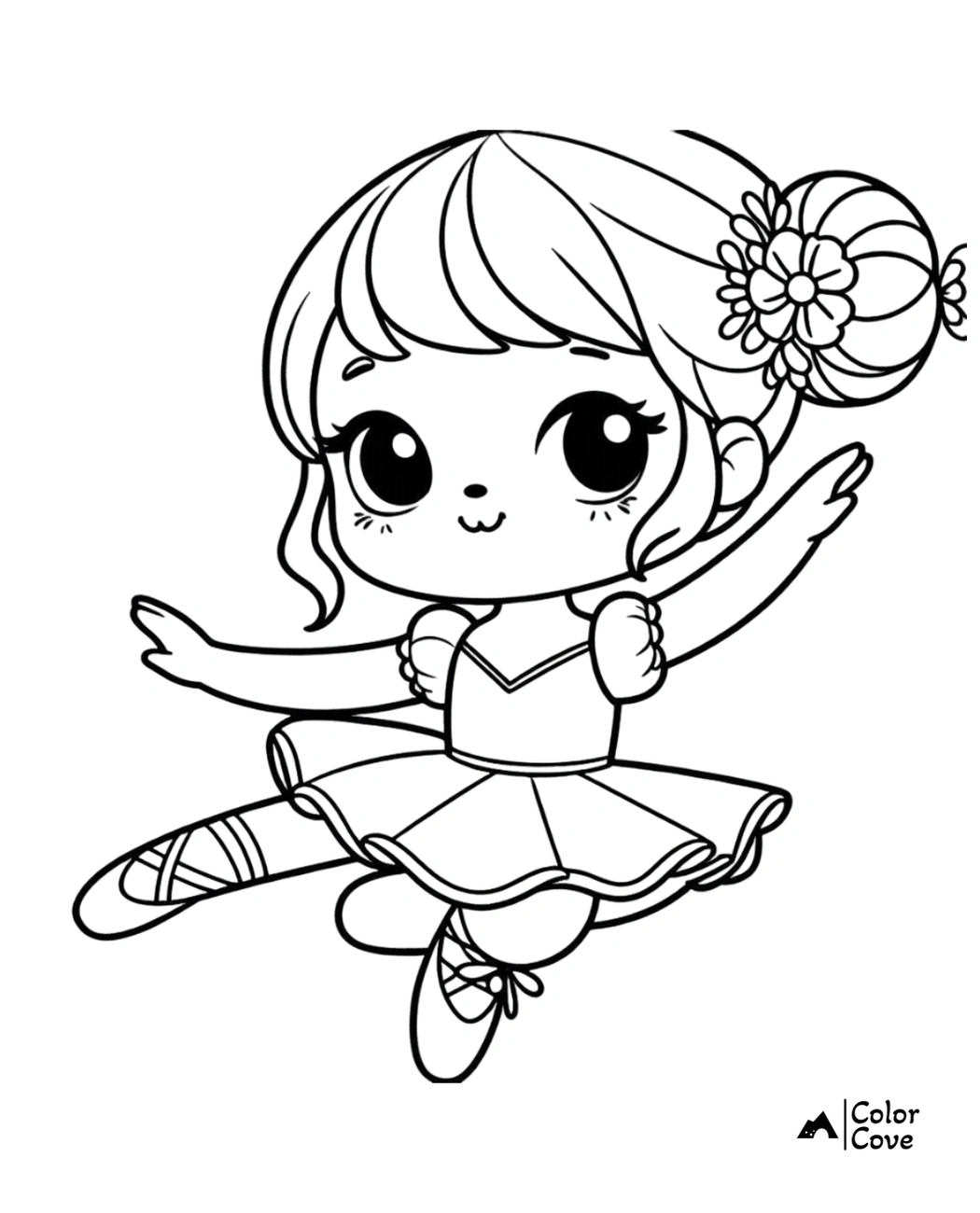 Cute ballerina coloring page featuring a little girl in a tutu and ballet shoes, perfect for kids to color and enjoy.