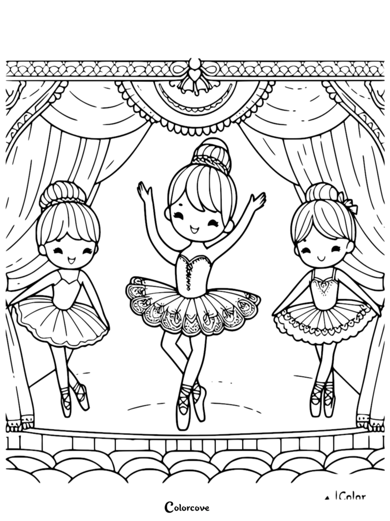 Three cute ballerinas performing on a stage in this free printable coloring page.