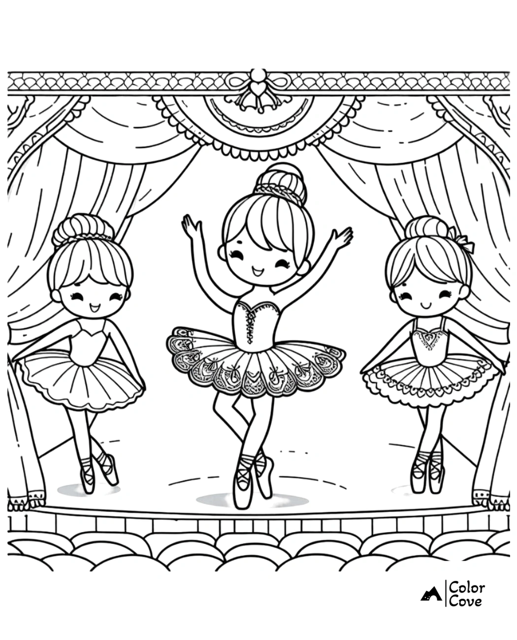 Coloring page of three ballerina dancers performing on stage with elegant tutus and ballet poses.