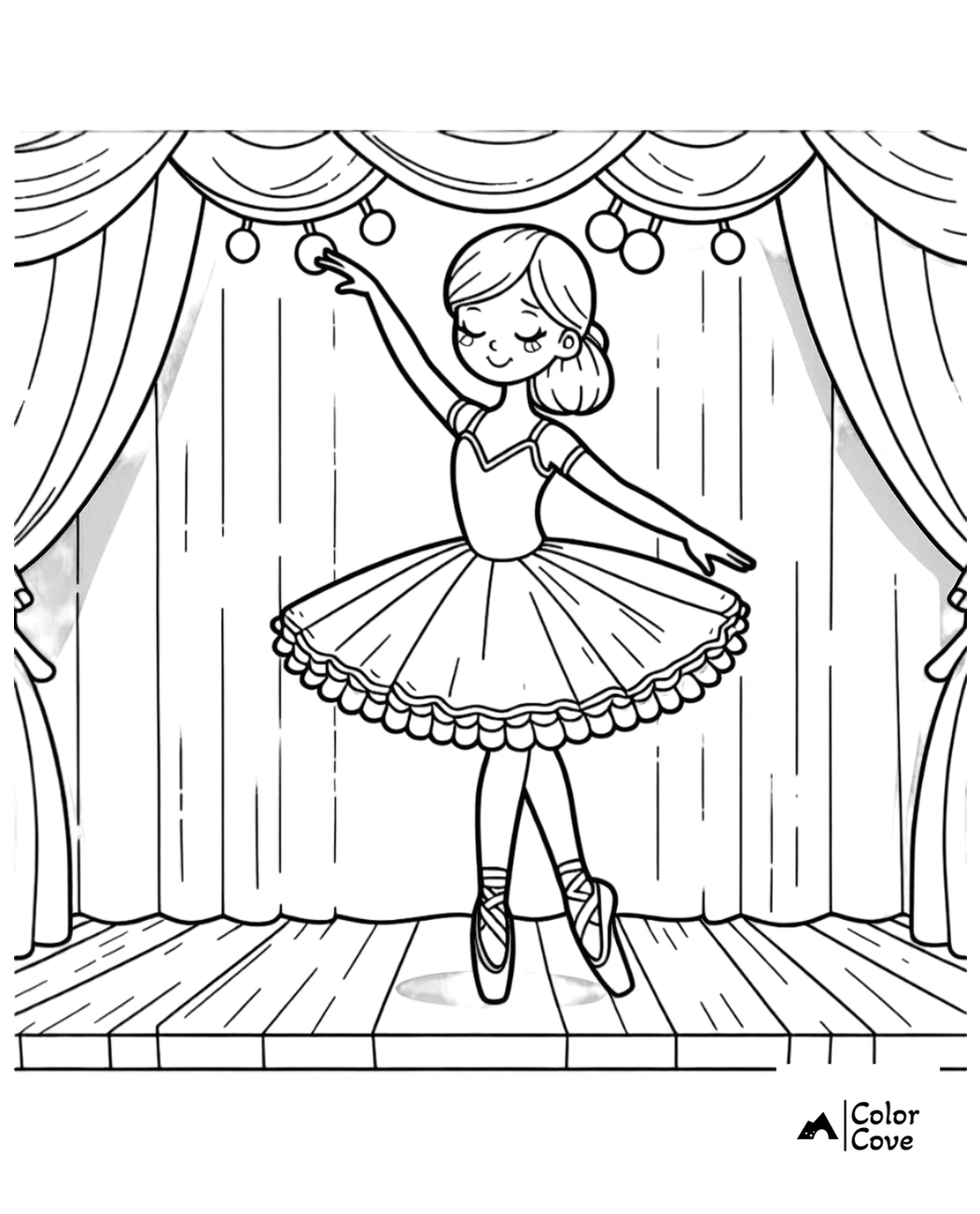 Ballerina coloring page for kids - ballet dancer on stage in tutu, perfect for children who love to color and dance.