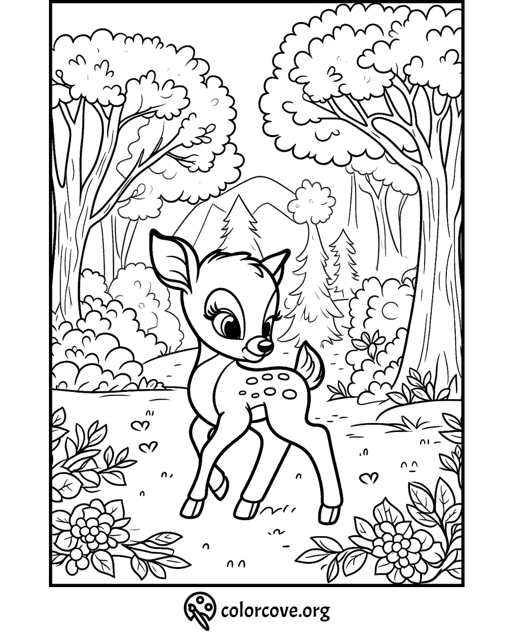 Coloring page of a cute baby deer in a forest with trees, bushes, and flowers, promoting nature-themed coloring at colorcove.org.