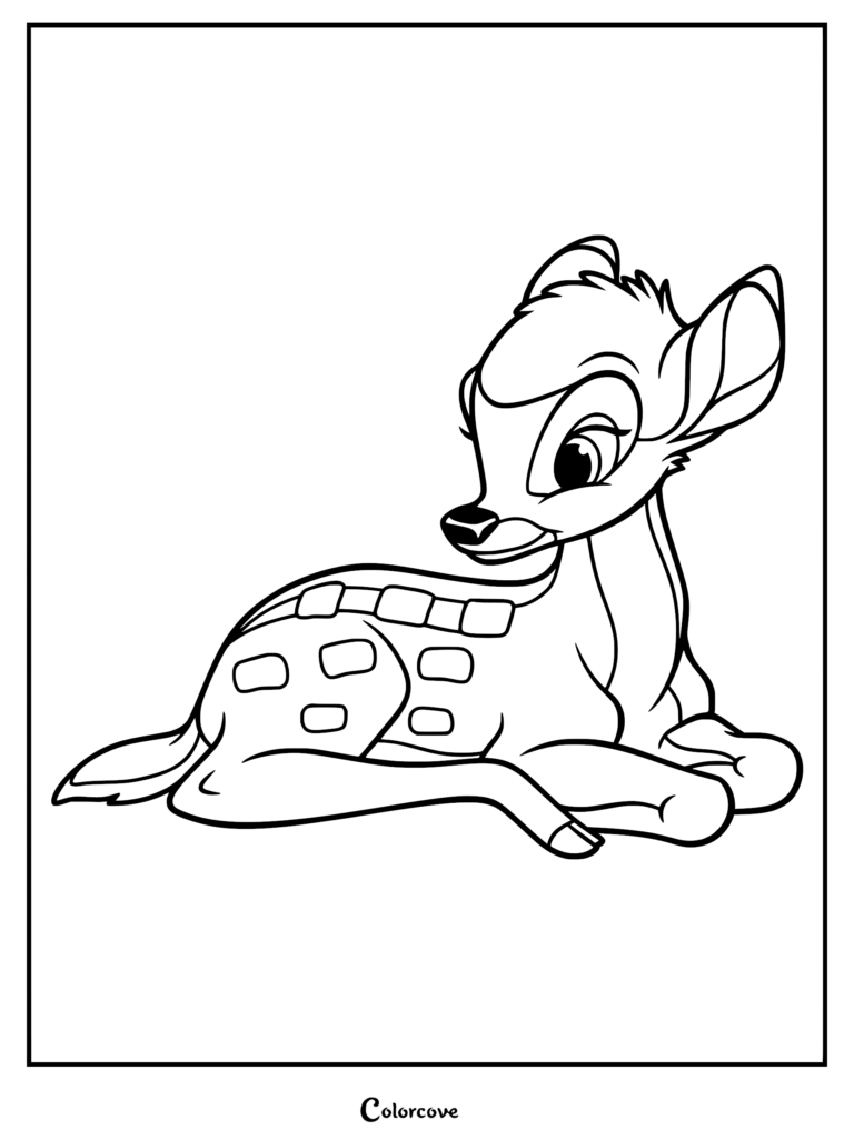 Bambi lying down in a peaceful pose, a detailed line art coloring page of the young deer.