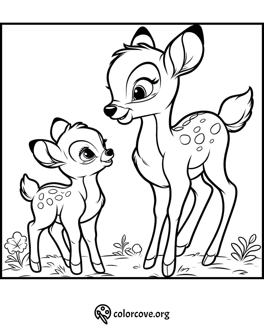 Baby deer and mother in a woodland scene coloring page for kids from colorcove.org. Fun and educational printable activity.